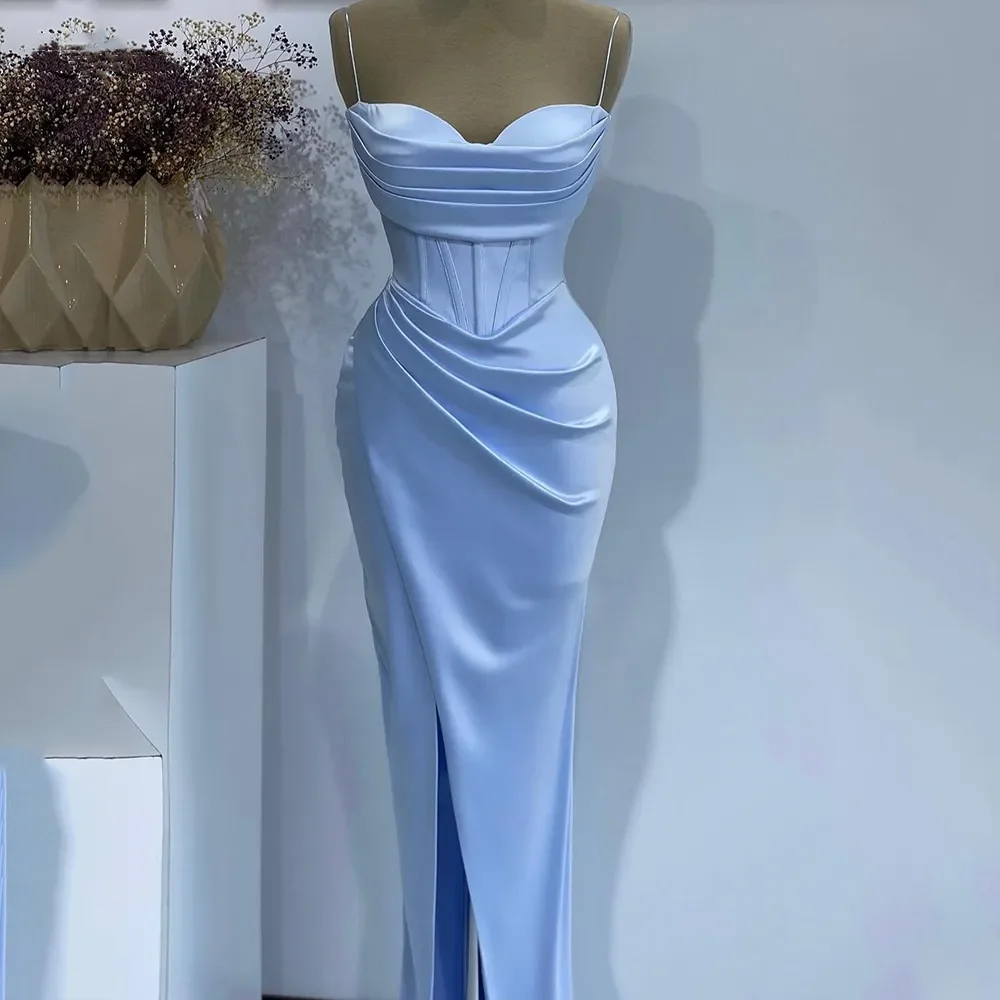 Sky Blue Satin Evening Dresses Spaghetti Straps Dubai Draped Dubai Mermaid Celebrity Party Gowns Arabia Side Slit Prom Dress
Sky Blue Satin Evening Dresses Spaghetti Straps Dubai Draped Dubai Mermaid Celebrity Party Gowns Arabia Side Slit Prom Dress