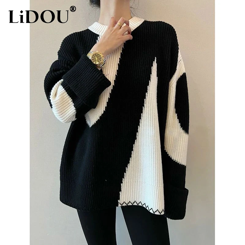 2023 Autumn Winter New Contrast Color Round Neck Long Sleeve Knitting Pullovers Women High Street Loose Casual All-match Tops
2023 Autumn Winter New Contrast Color Round Neck Long Sleeve Knitting Pullovers Women High Street Loose Casual All-match Tops