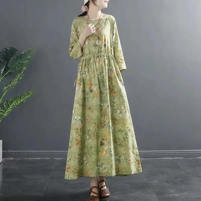 

Artistic Retro Cotton and Linen Floral Dress for Women, New Loose Size, Slimming Chubby, MM Waistb, Large Hem, Summer