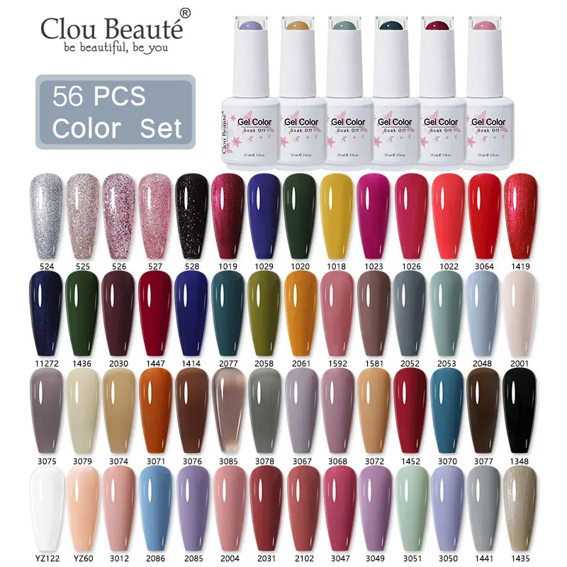 

Clou Beaute 15ml Nail Gel Polish Set 56 Colors Vernis Semi Permanent UV Manicure Hybrid Varnishes Nail Art Glitter Gel Glue Kit