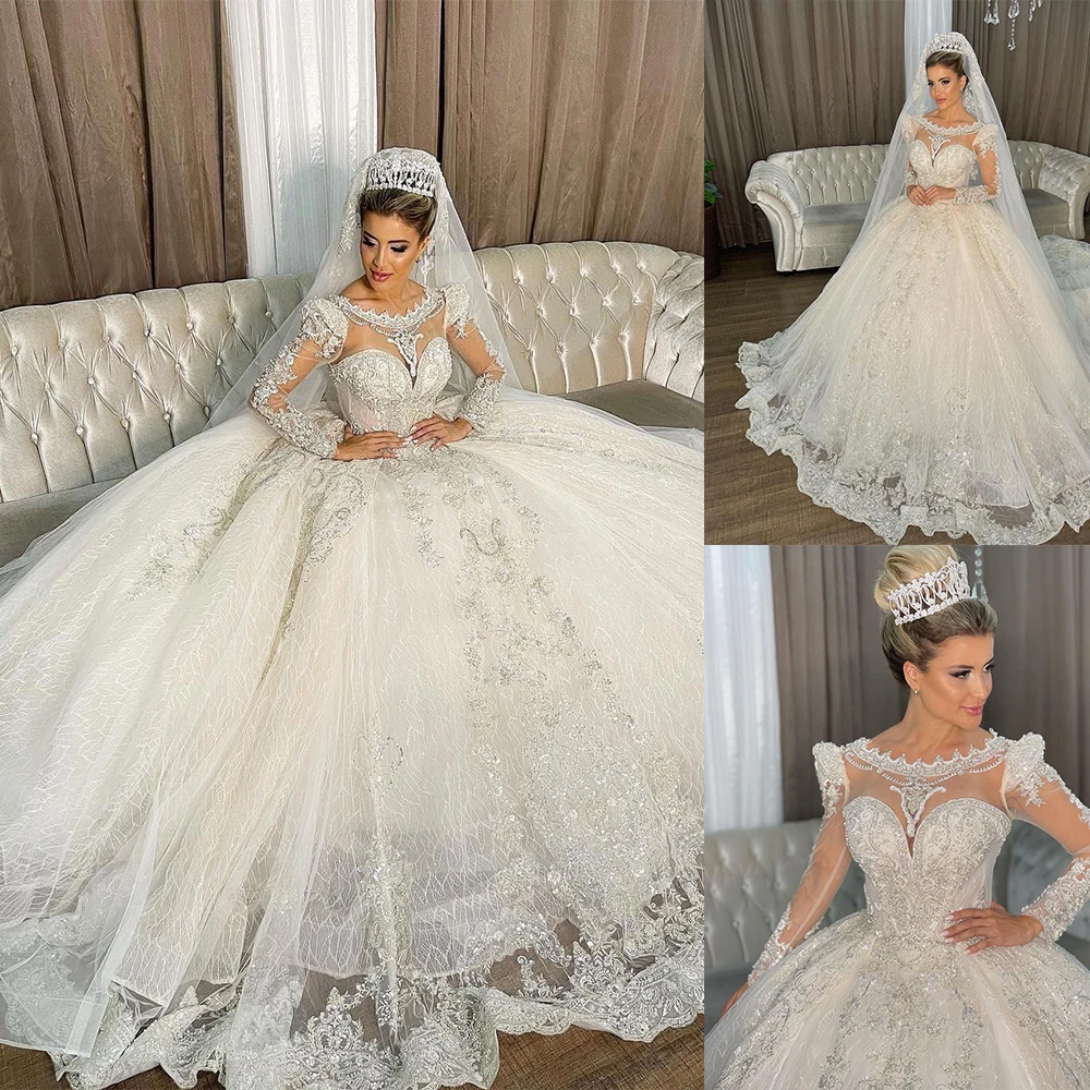 Delicate Ball Gown Wedding Dress For Women Appliques Sequins Bridal Gown O-Neck Long Sleeves Skirt Sweep Train Dresses
Delicate Ball Gown Wedding Dress For Women Appliques Sequins Bridal Gown O-Neck Long Sleeves Skirt Sweep Train Dresses