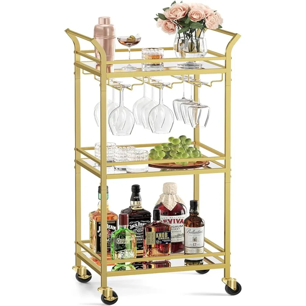 

VASAGLE Bar Cart Gold, Home Bar Serving Cart, Small Bar Cart with 3-Tier Mirrored Shelf, Wine Holders, Glass Holder
