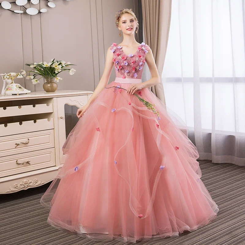 

Blush Pink 2024 Quinceanera Dresses Ball Gowns V-Neck Sleeveless Appliques Long Vestidos Vintage Party Prom Sweet 16 Years Old