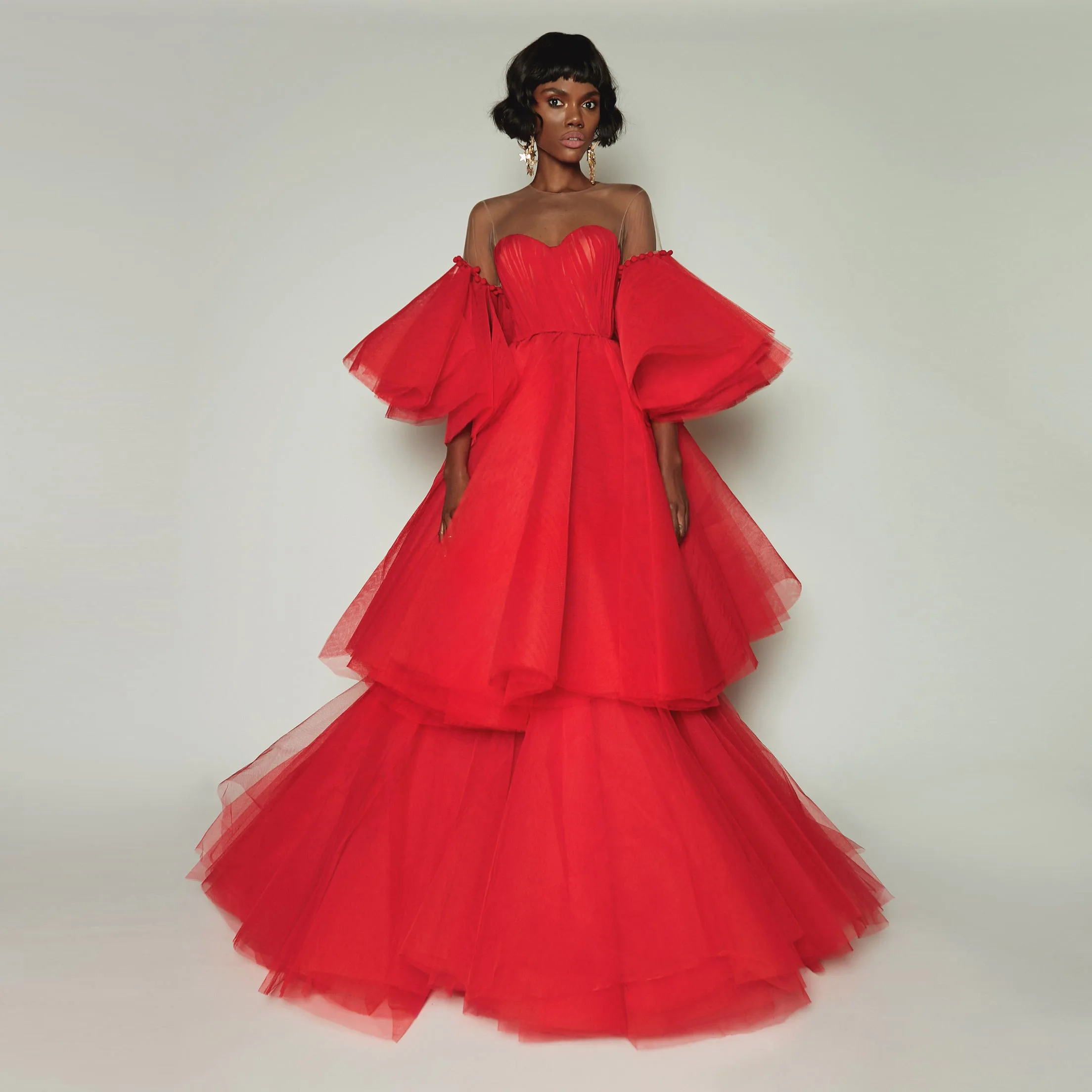 

Customized Red Prom Gowns vestidos formales Flare Sleeve Long Full Length Party Dresses Layered See Thru O Neckline