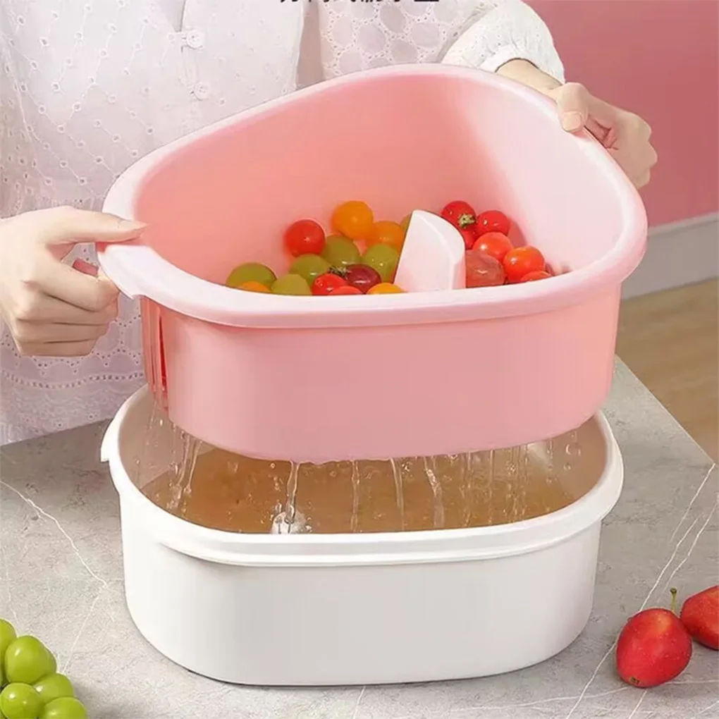

New Fruit Cleaning Device Vegetable With Bowl Lid Drain Basket 2-Layers Plastic Leakproof Full-Sided Colander for Home Kitchen