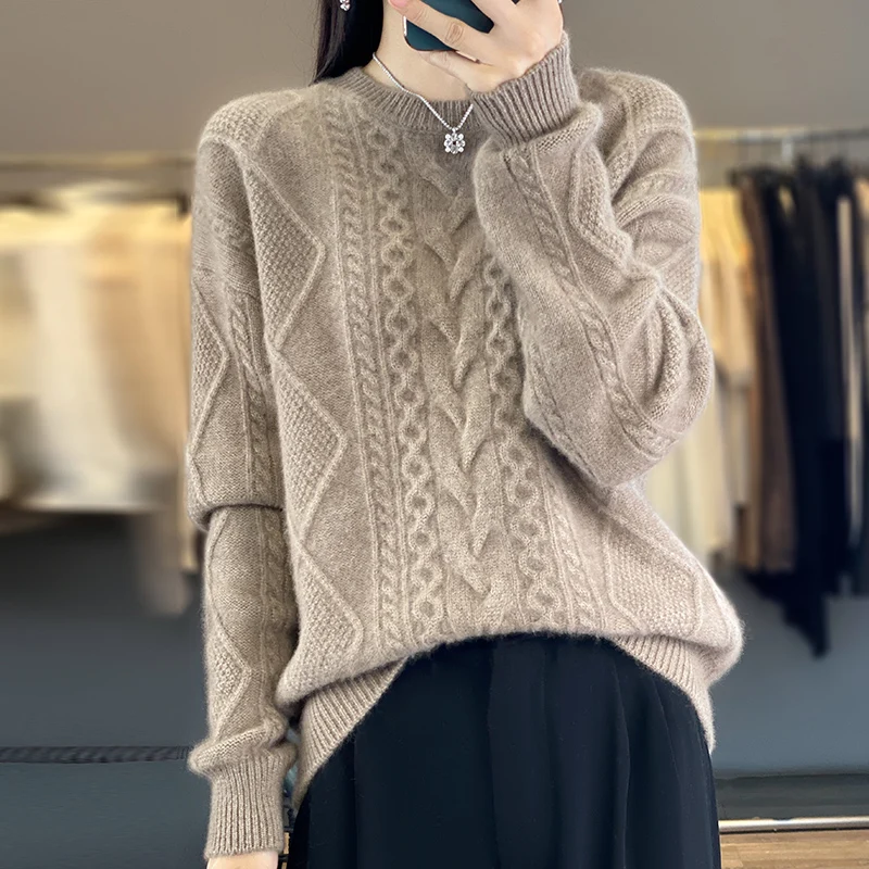 

High-quality Autumn Winter Thick Women Sweater 100% Merino Wool O-Neck Pullover Twist Flower Long Sleeve Knitwear Women Clothes