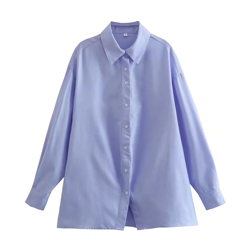 Autumn and winter women's new temperament versatile lapel long-sleeved loose split blue Oxford shirt 
Autumn and winter women's new temperament versatile lapel long-sleeved loose split blue Oxford shirt