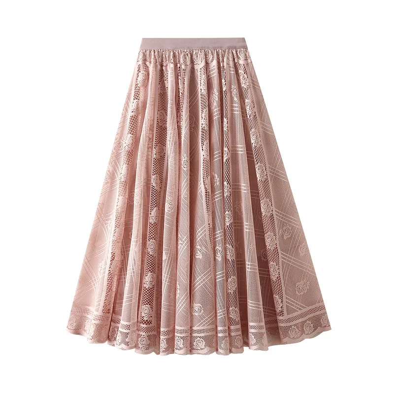 

Lace For Women's Spring Drape Thin A-Line Pleated Gauze Princess Midi Skirt Jupe Longue Femme