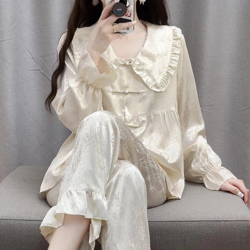 

Neo-chinese Style Dial Buckle Pajamas Female in The Autumn Long Sleeve Sweet French Court Loungewear Ice Silk Set Sleepwear
