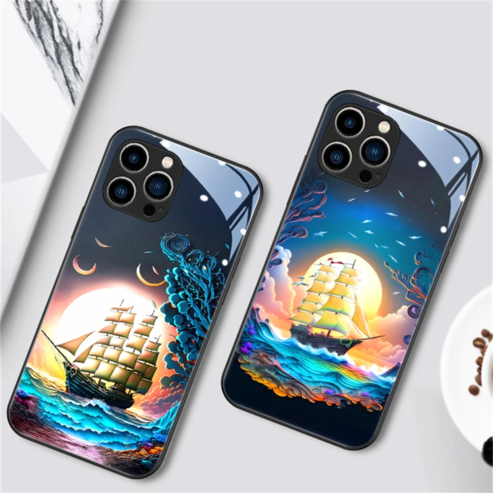 

Sailboat Colorful LED Light Glow Luminous Tempered Glass Phone Case For Huawei Mate 60 50 40 30 Pro Plus P60 P50 P40 P30