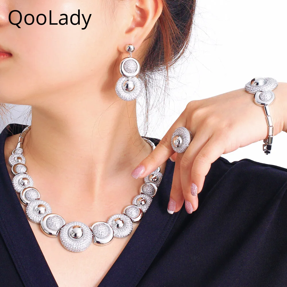 QooLady Luxury 4Pcs Round Charm Full Shiny CZ Paved Nigerian Dubai Wedding Necklace Earrings for Bridal Party Jewelry Sets Z069
QooLady Luxury 4Pcs Round Charm Full Shiny CZ Paved Nigerian Dubai Wedding Necklace Earrings for Bridal Party Jewelry Sets Z069