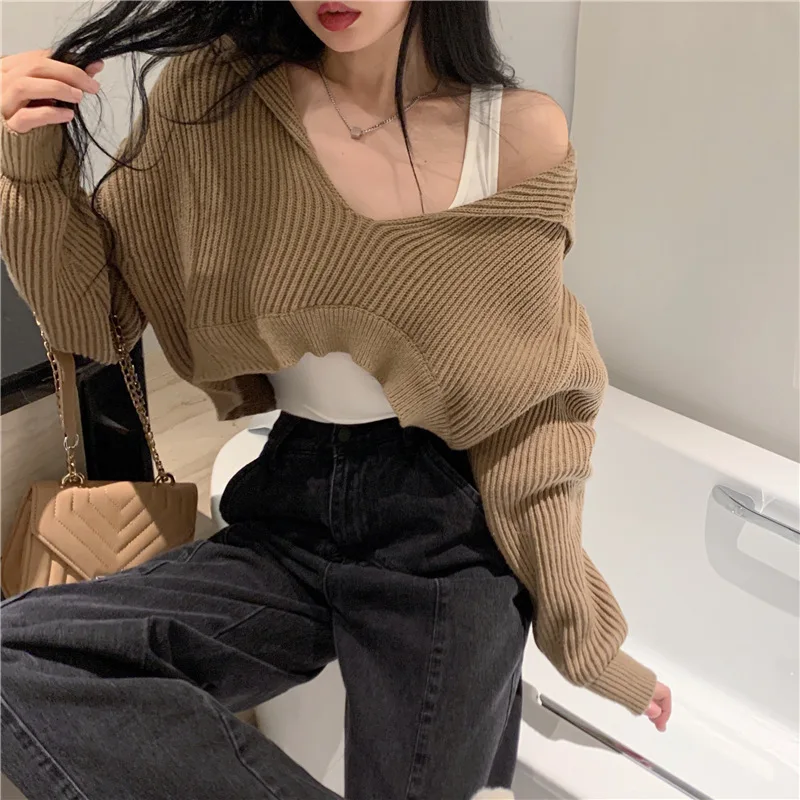 Women Knitted Pull Crop Sweater Long Sleeve one size Turn Down Collar Pullovers Autumn Outwear Sweater Tops korean Knitwears
Women Knitted Pull Crop Sweater Long Sleeve one size Turn Down Collar Pullovers Autumn Outwear Sweater Tops korean Knitwears