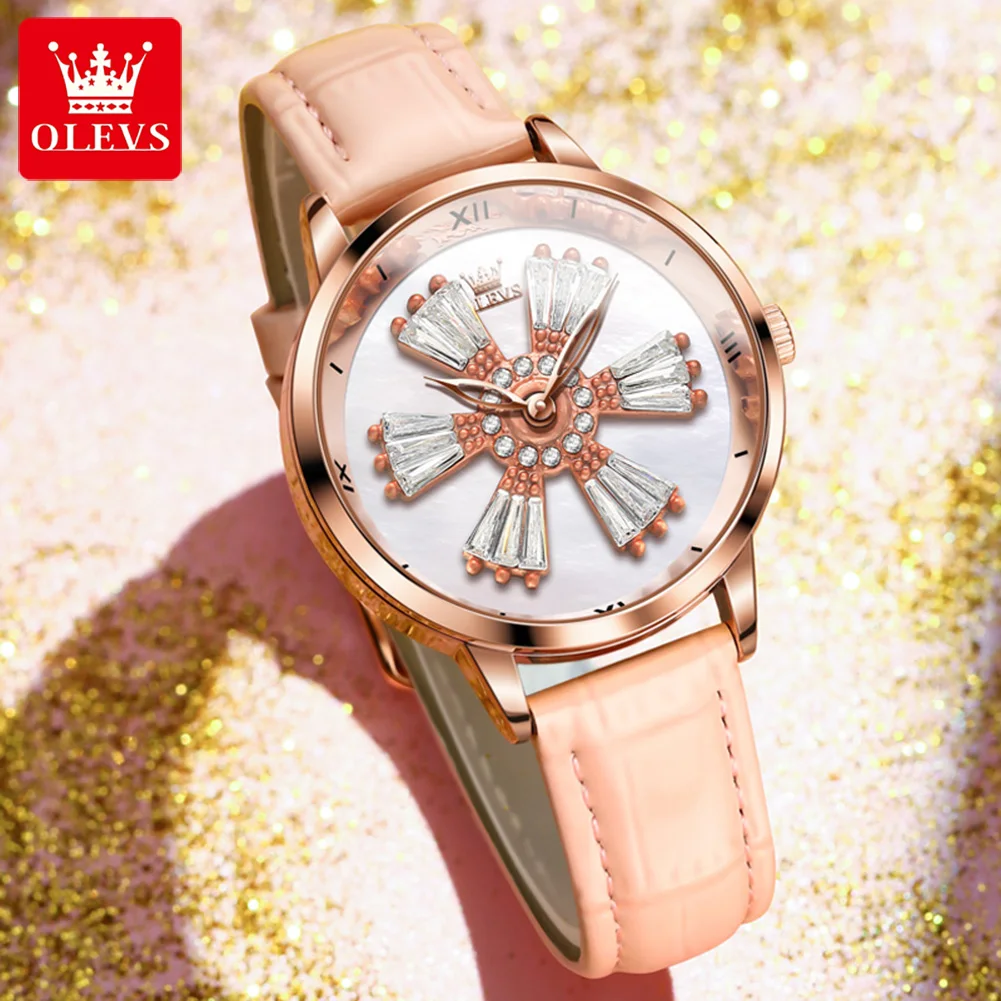 

OLEVS 5579 Waterproof Leather Strap Fashion New Ladies Wristwatch Bringing You Good Luck Quartz Rotating Flowers Watch For Women
