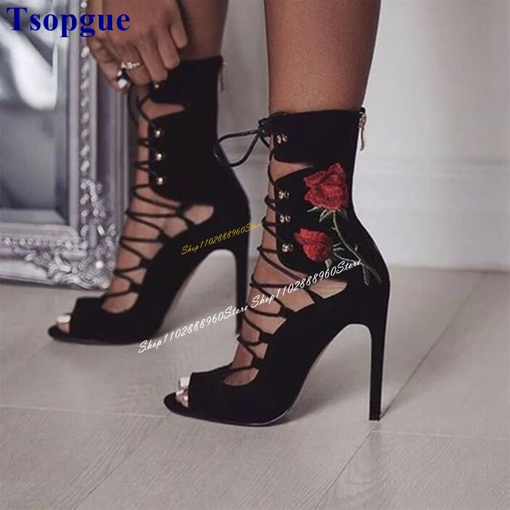 

Mid Calf Cross Tied Black Flock Rose Decor Sandal Boots Thin High Heel Women Shoes Back Zipper Peep Toe 2024 Zapatos Para Mujere