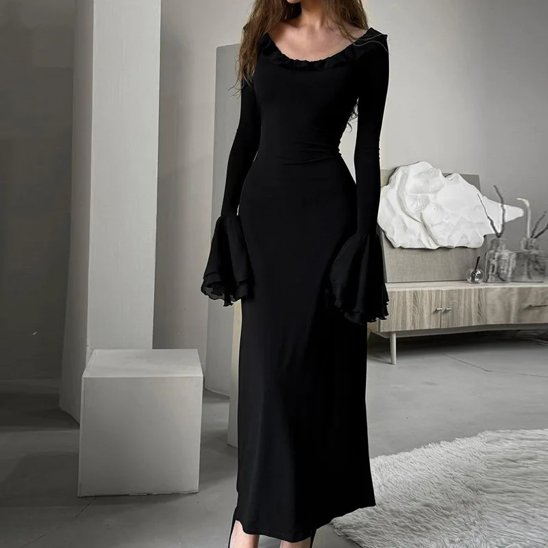 

Женское платье с маленькой черной юбкой, платье с круглым вырезом и длинными рукавами-лепестками, приталенная облегающая юбка с завышенной талией и запахом