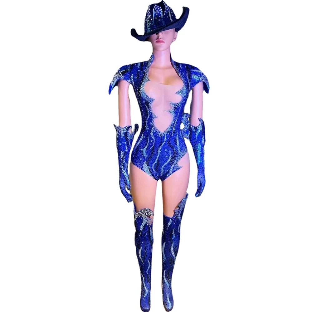 

Sparkly Rhinestones Bodysuit Gloves Hats Set for Women Sexy Performance Dance Costume Nightclub Singer Dancer Show Stage Wear