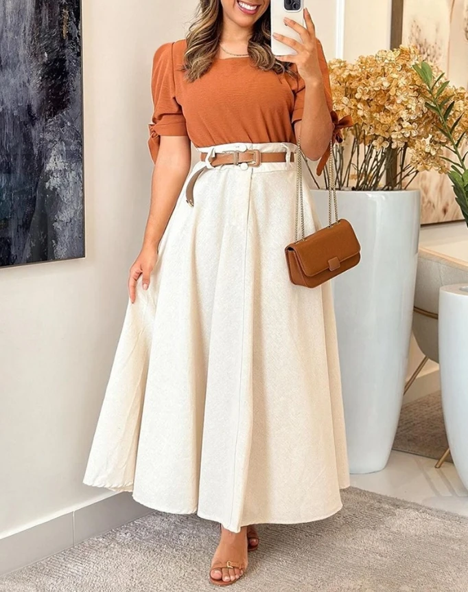 

2024 Summer New Casual Loose Commuting Daily Fluffy Sleeves Tie Top and Pleated Skirt Set