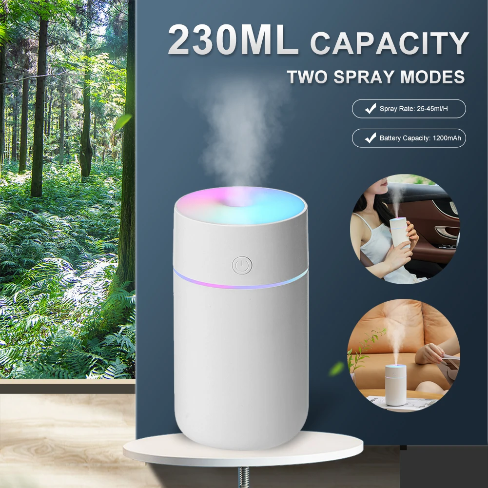 

230ml Wireless Air Humidifier Diffuser USB Ultrasonic Humidifiers Home 1200mAh Battery Rechargeable Humidificador Mist Maker