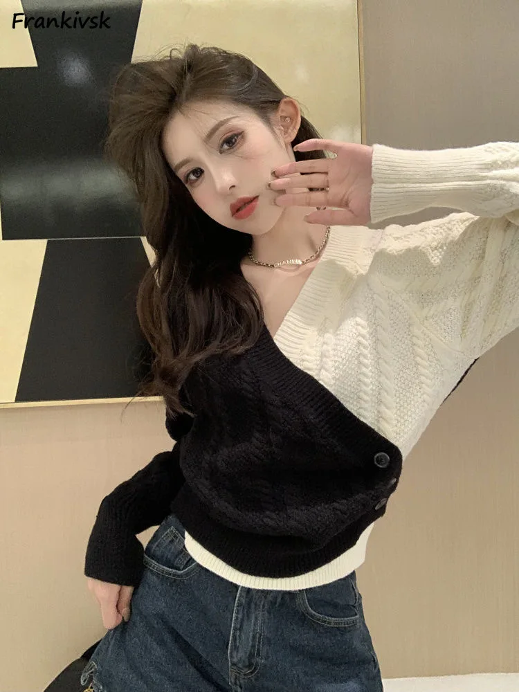 

Spliced Sweaters Women Criss-cross Contrast Color Loose All-match Daily Advanced Japanese Style V-neck Elegant Prevalent Hipster