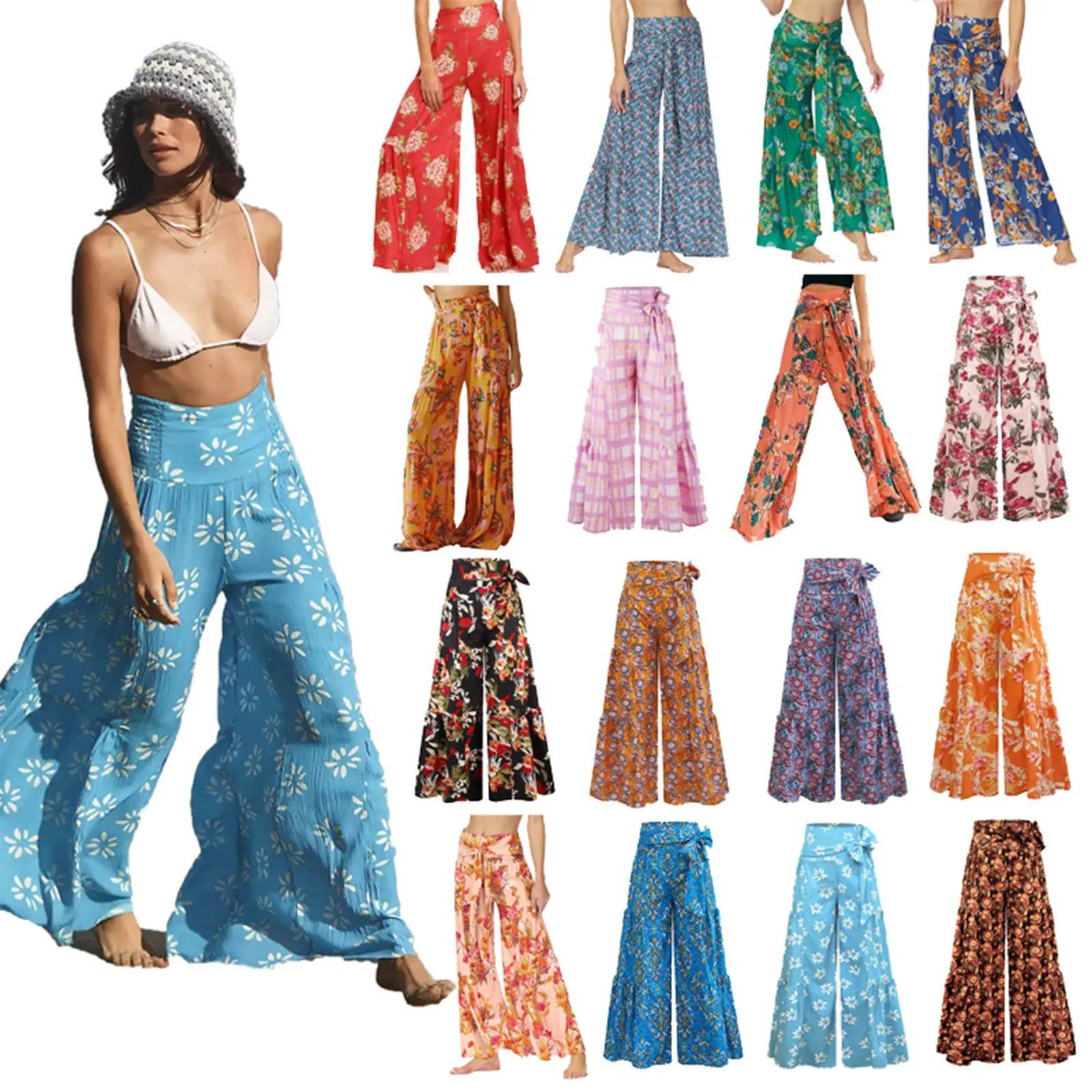 

Wide Leg Pants For Women High Waist Floral Printed Belted Palazzo Pants Loose Flowy Pants Hippie Beach Pants Pantaloni Donna Est