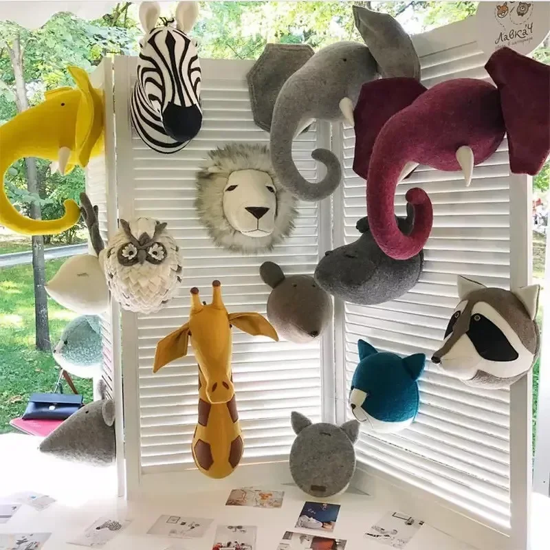

3D elephant giraffe animal head wall Hang decor Nordic wool felt children's room decoration home decor kindergarten decorations