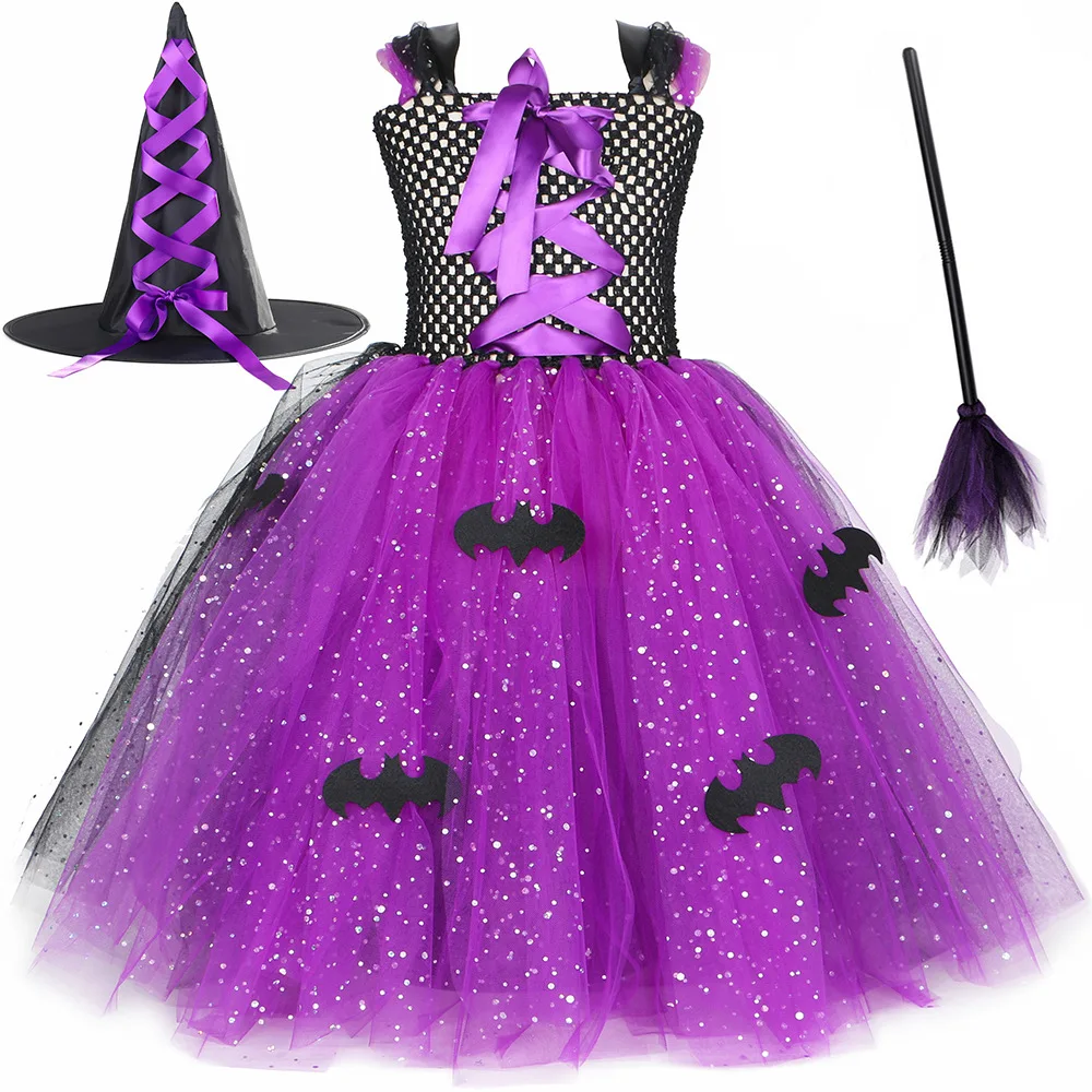 

2023 Halloween Children's Dress Sequin Mesh Fluffy Skirt Strange All Saints' Day Bat Witch Role Play Costume Girls Tutu Dress Up