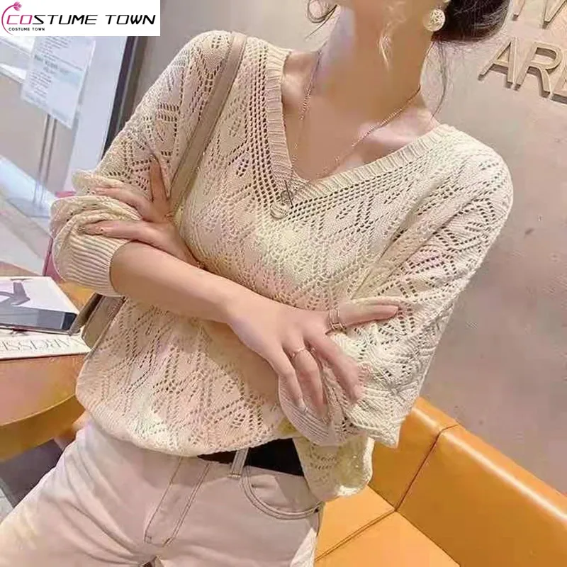 

V-neck Hook Flower Hollowed Out Knitted Sweater Cover Up for Women's Mid Sleeved Spring/summer Loose Bat Shirt Short Top