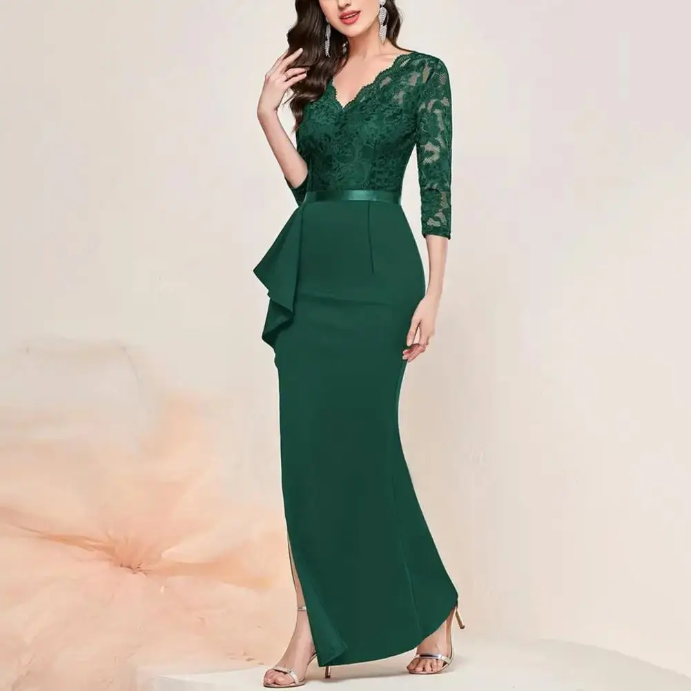 

Женское однотонное вечернее платье, элегантное Кружевное Платье макси с V-образным вырезом и цветочной вышивкой, с оборками, для особых случаев