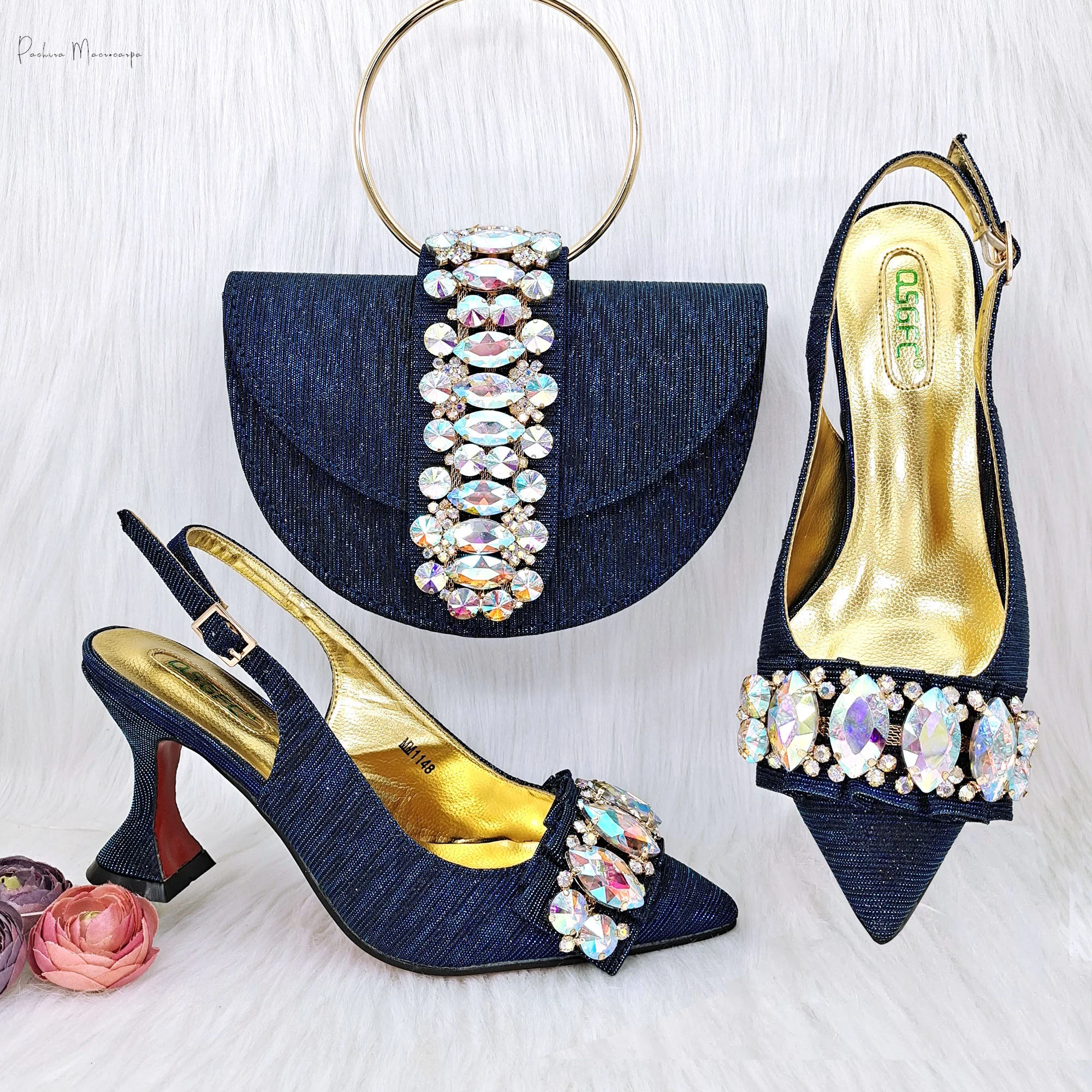 

Italian Design Pointed Toe High Heel With Crystal Buckle Decoration Party Ladies Shoes And Bag For Nigerian Banquet Women Shoes