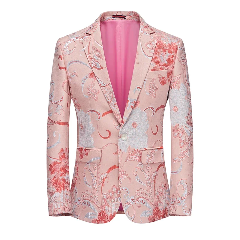 

DYB&ZACQ New Pink Embroidered Suit Jacket Men's Wedding Party Dress Coat Fashionable Slim Male Blazers Big Size M-5XL 6XL