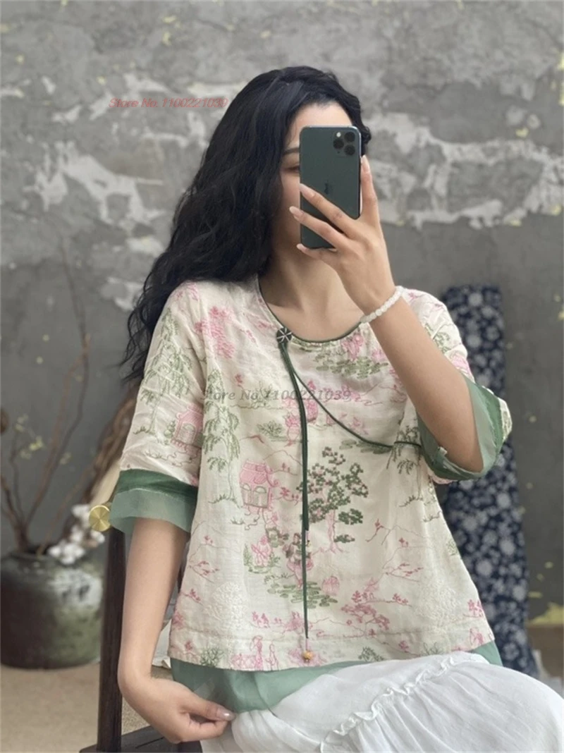 

2024 traditional chinese vintage hanfu tops 100% linen qipao blouse national flower embroidery o-neck blouse retro folk blouse