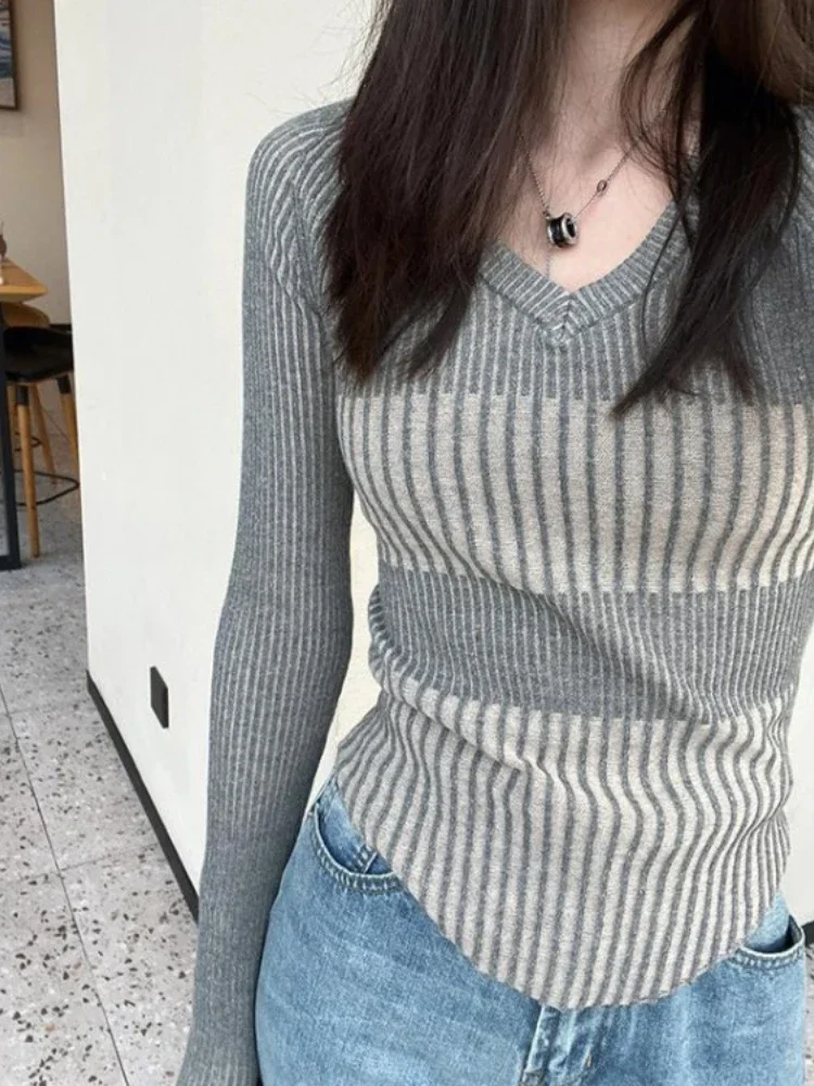 

Vintage Elegant Striped V Neck Sweaters Fashion Slim Women Knitted Y2k Aesthetic Pullovers Korean All Match Grunge Sueter Mujer