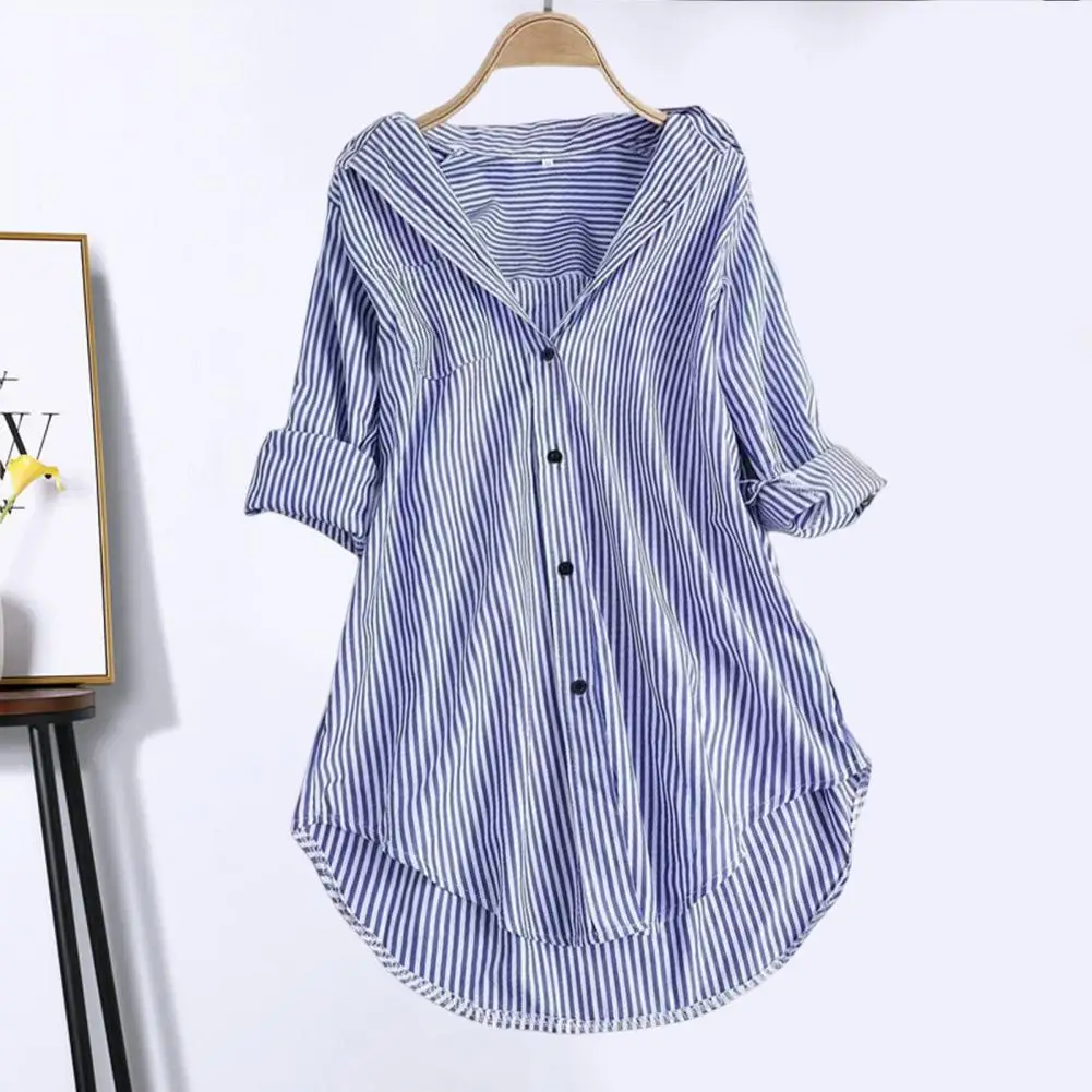 Women Striped Shirt Long-sleeves V Neck Mid Long Turn-down Collar Button Loose Fit Casual Ladies Blouse Top Blusa Femininas
Women Striped Shirt Long-sleeves V Neck Mid Long Turn-down Collar Button Loose Fit Casual Ladies Blouse Top Blusa Femininas
