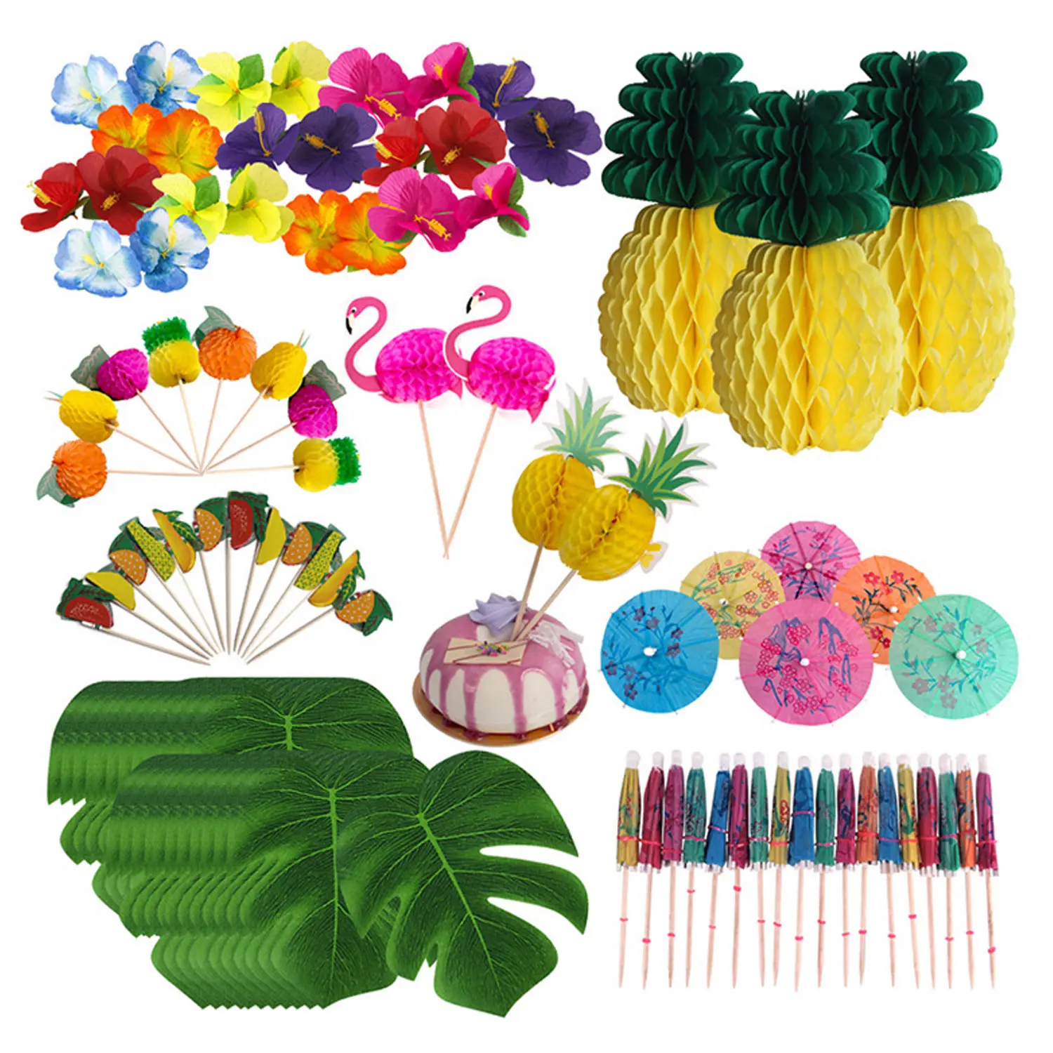 

99pcs Tropical Hawaiian Party Decoration Kit with Silk Hibiscus Flowers Palm Leaves Pineapples Mini Umbrella Cupcake Toppers