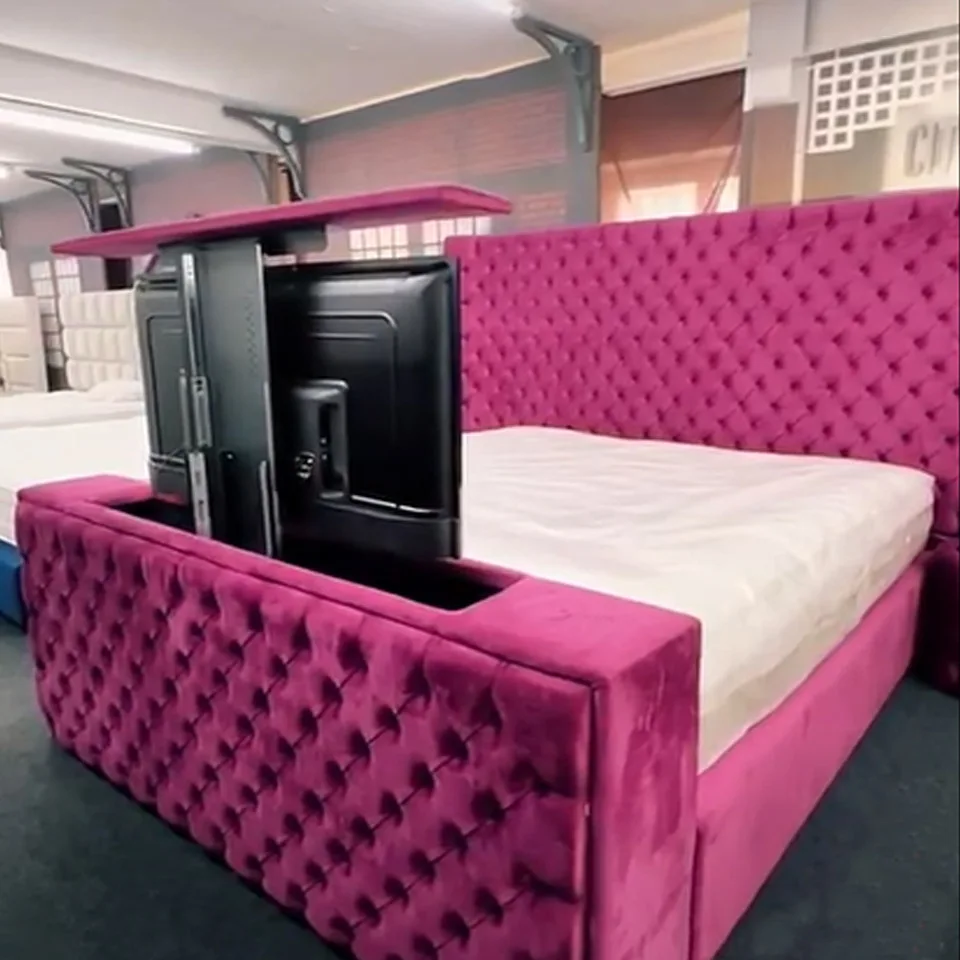 

Factory Custom Double Queen Size Upholstered Velvet Square Storage Bed With Build in TV Lift Footboard King Size TV Bed