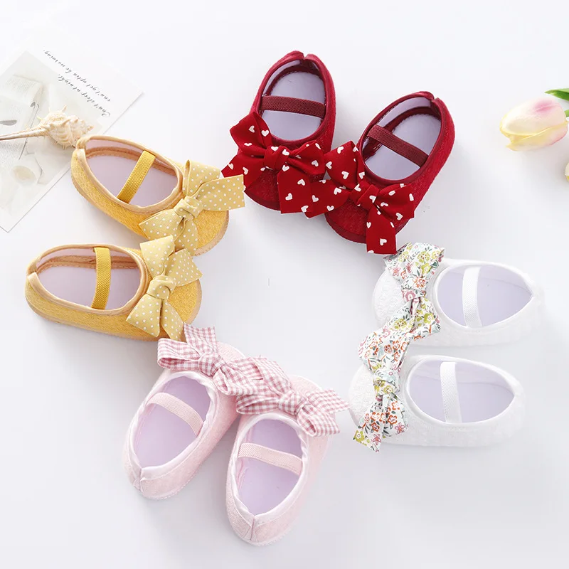 

First Walkers Shoes Baby Girls Bowknot Non-Slip Footwear Crib Toddler Shoes Cute Bowknot Cotton Toddler Soft Soled Newborn Shoes
