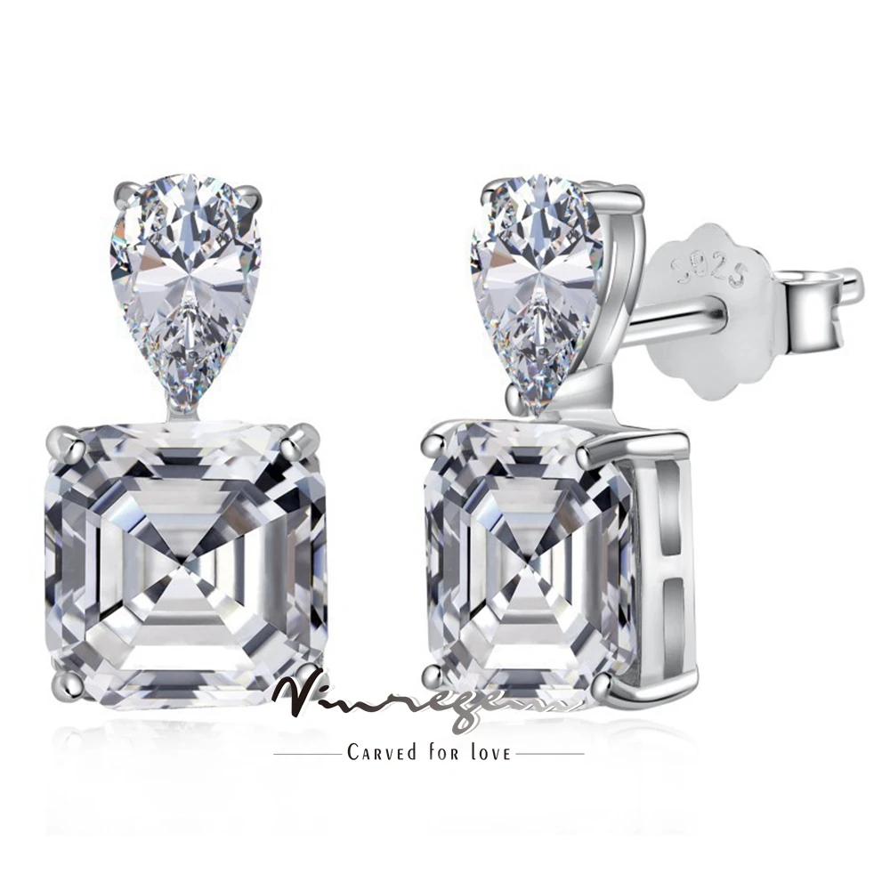 

Vinregem Pear Asscher Cut 8*8MM Lab Created Sapphire Gemstone Ear Studs Earrings for Women 100% 925 Sterling Silver Fine Jewelry
