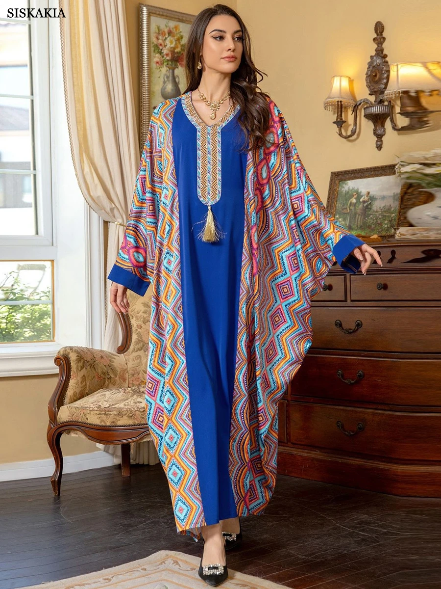 

Siskakia Batwing Sleeve Contrast Color Casual Abayas Muslim Ramadan Women Dresses Moroccan Saudi Kaftan Arab Robe Islam Clothing