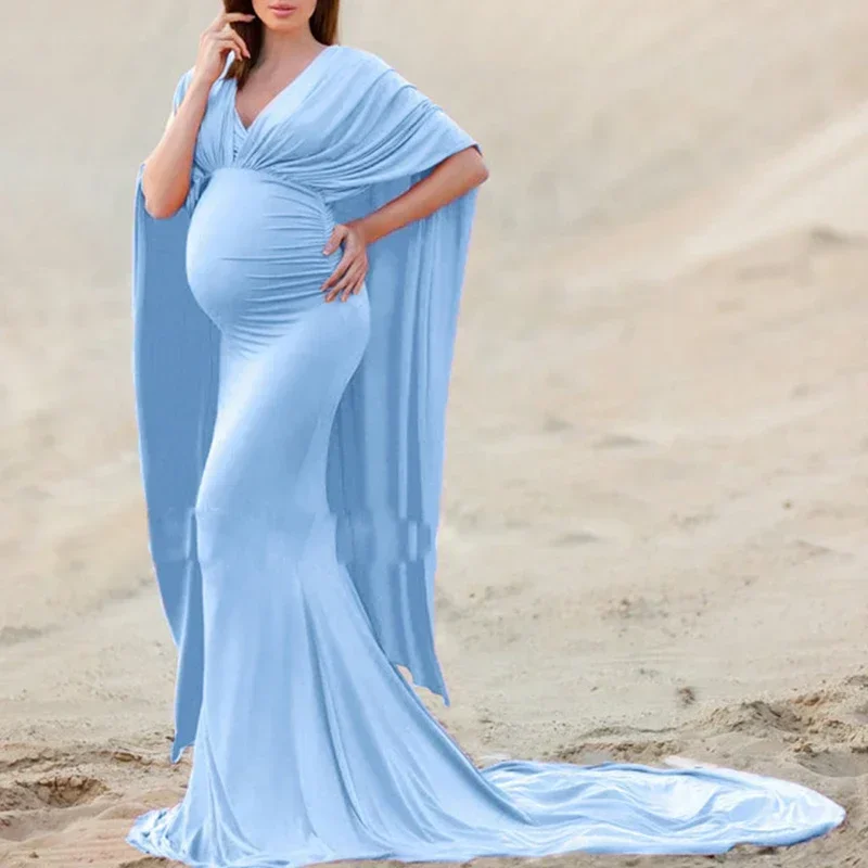 

Women's Off Shoulder Elegant Fitted Maternity Gown Chiffon Flare Cape Sleeve Slim Fit Maxi Photography Dress for Baby Shower