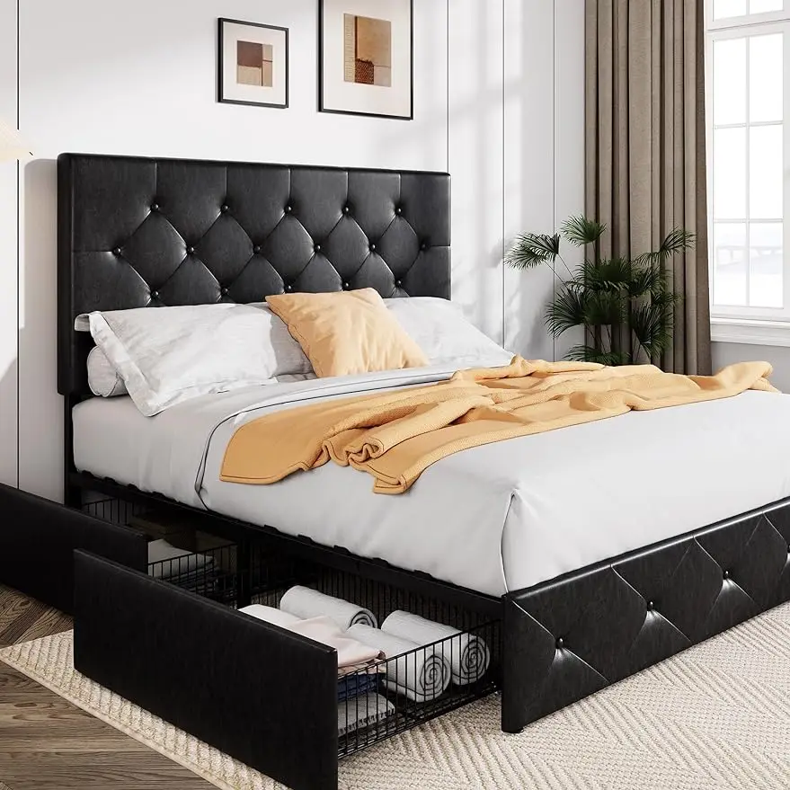 

Upholstered Queen Size Platform Bed Frame with 4 Storage Drawers and Headboard, Diamond Stitched Button Tufted