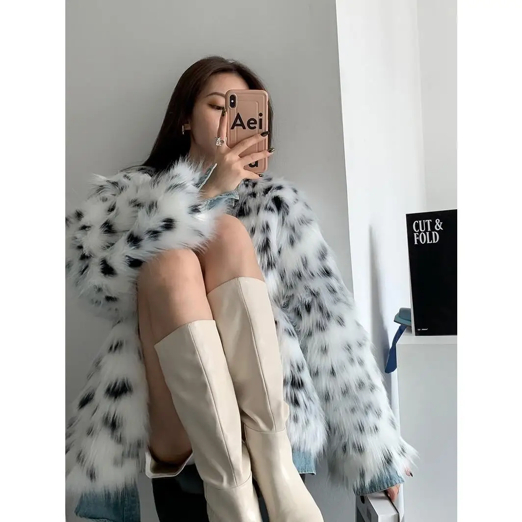 

Winter Print Jacket Women's V-neck Warm Parkas Outwear 2023 New Autumn Top Fahsion Korean Female Loose New Faux Fur Coats C41