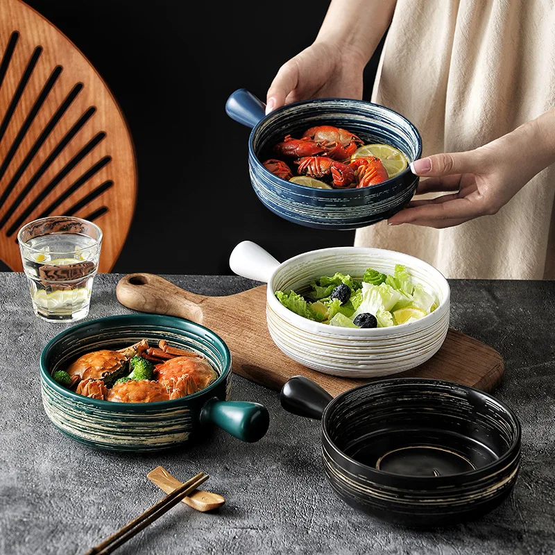 

Japanese bowls with handles ceramic baking bowls creative fruit bowls high-value breakfast bowls Nordic baking bowls