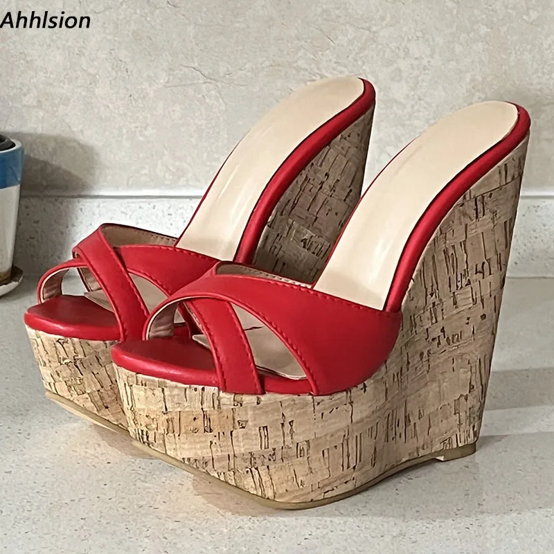 

Ahhlsion Real Photos Women Summer Slingback Sandals Wedges High Heels Round Toe Red Nude Party Shoes Ladies US Plus Size 4-16