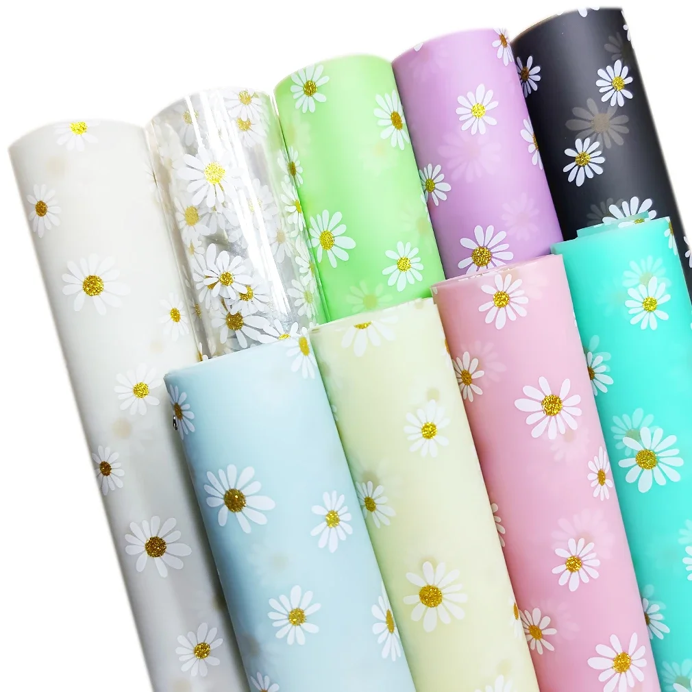 

0.4mm Daisy Printed Jelly Vinyl Fabric Sheets TPU Rolls Faux Frosted Leather Sheet For Earrings/Handbags DIY Crafts Table Decor