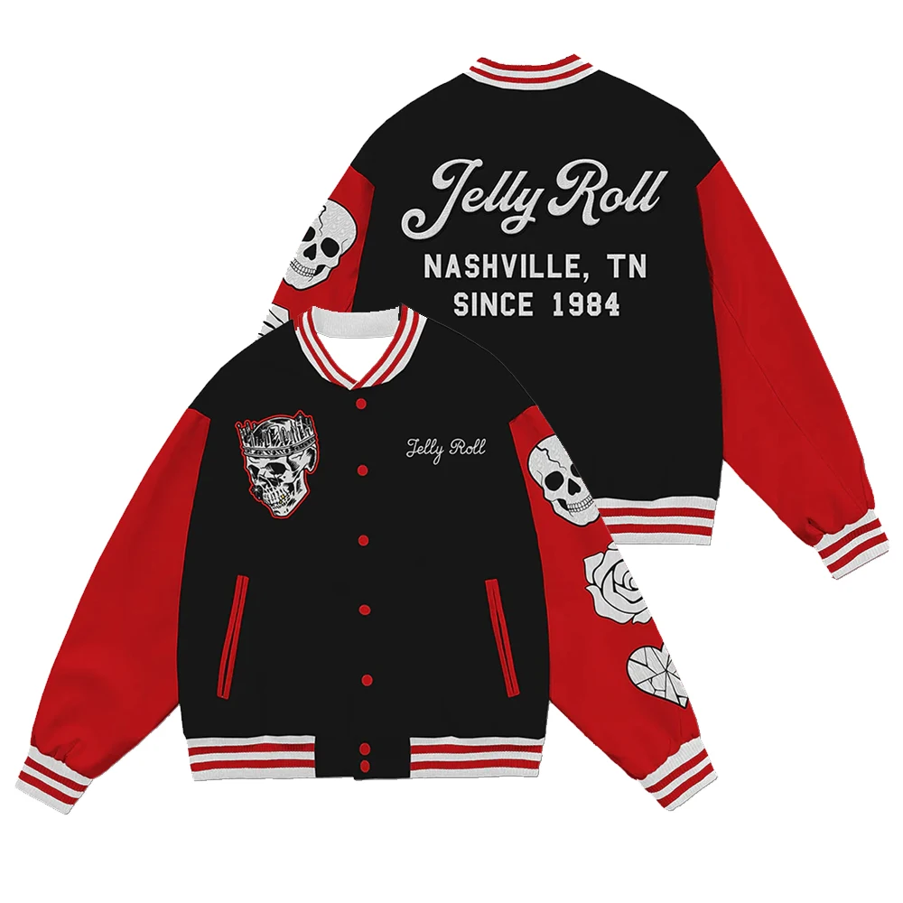Jelly Roll Skull Letterman Jacket 2023 Backroad Baptism Tour Merch Baseball Button Uniform Sweatshirt
Jelly Roll Skull Letterman Jacket 2023 Backroad Baptism Tour Merch Baseball Button Uniform Sweatshirt