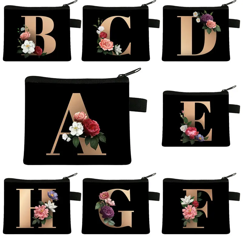 

26 Initials Flower Coin Purses A-Z Letter Women Men Mini Wallet Keychain Zipper Pouch Kawaii Money Holder Bag Gift