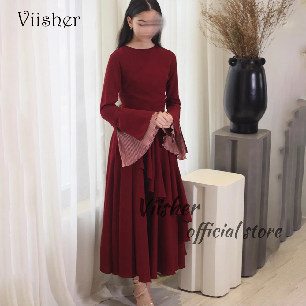 

Viisher Burgundy Satin Evening Dresses Long Sleeve O Neck Prom Dress Arabian Dubai Formal Occasion Gown Ankle Length