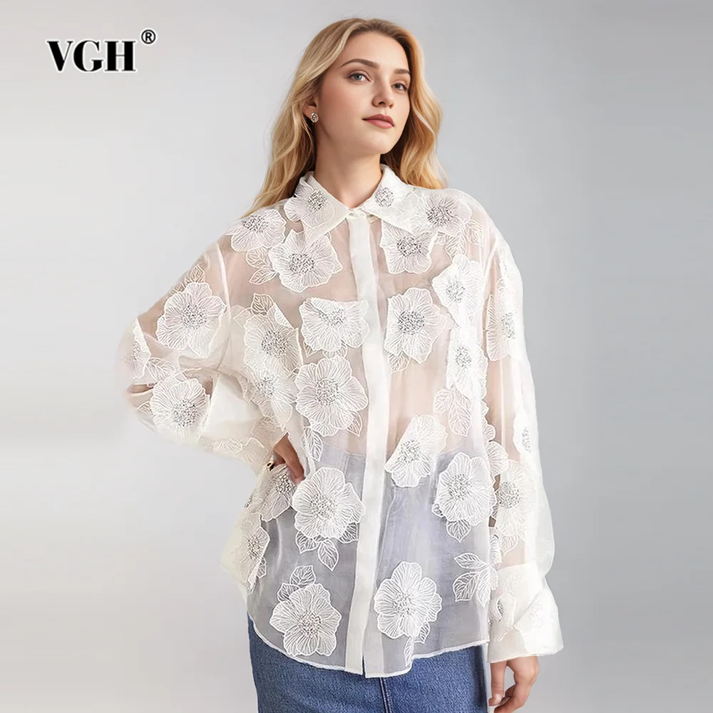 

VGH Solid Spliced Appliques Casual Blouses For Women Lapel Long Sleeve Patchwork Single Breasted Loose Shirts Female Fashion New