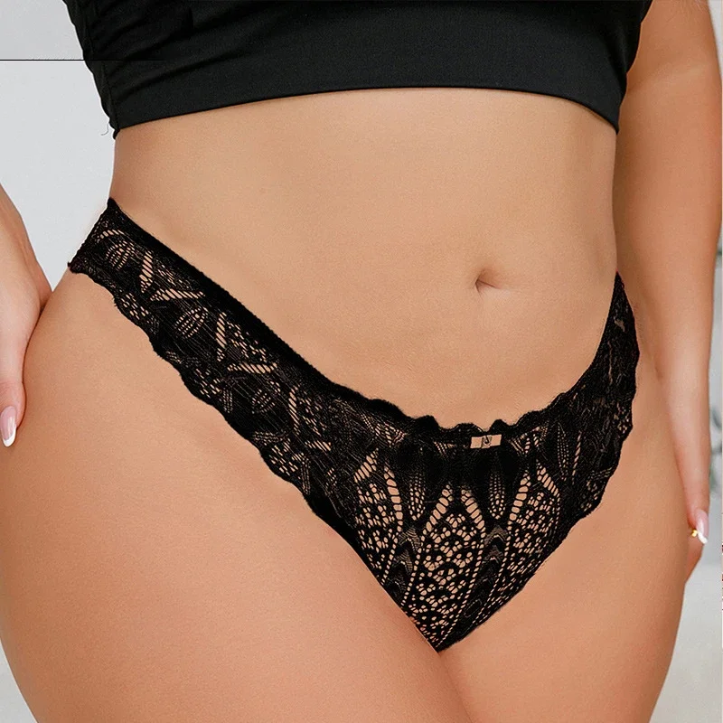 

1XL-4XL Plus Size Low-waisted Lace Hollowed Out Thongs for Women Transparent Sexy Strap G-String Female Breathable Underwear