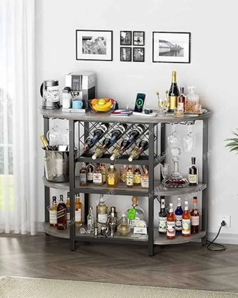 Bar Table Cabinet With Power Outlet, LED Home Mini Bar Cabinet For Liquor, Metal Wine Bar Stand With 4-Tier Storage Bar Table Cabinet With Power Outlet, LED Home Mini Bar Cabinet For Liquor, Metal Wine Bar Stand With 4-Tier Storage